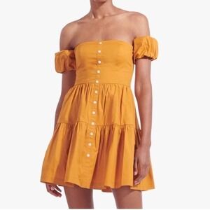 STAUD Mini Elio Dress‎ Honey Yellow Cotton Puff Sleeve Tiered Button Front 4 NEW